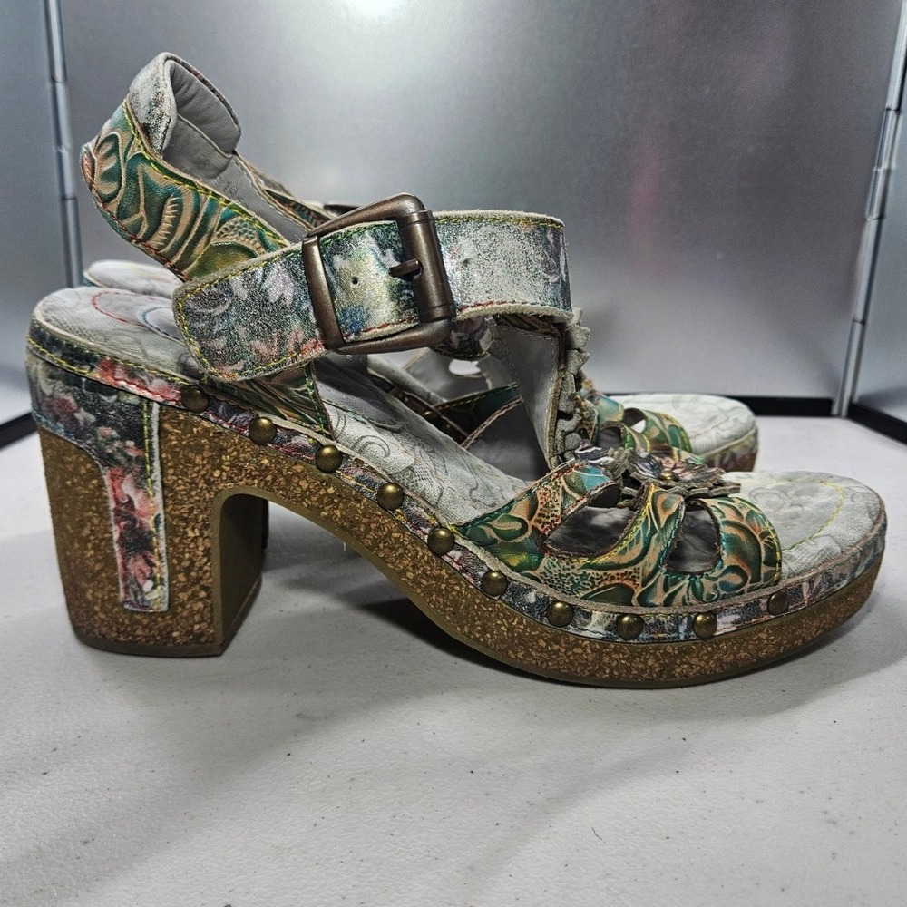 L' Artiste 38 Leather Green Floral Platform Sandals Chunky Heel Ankle Strap #368 - Picture 3 of 8